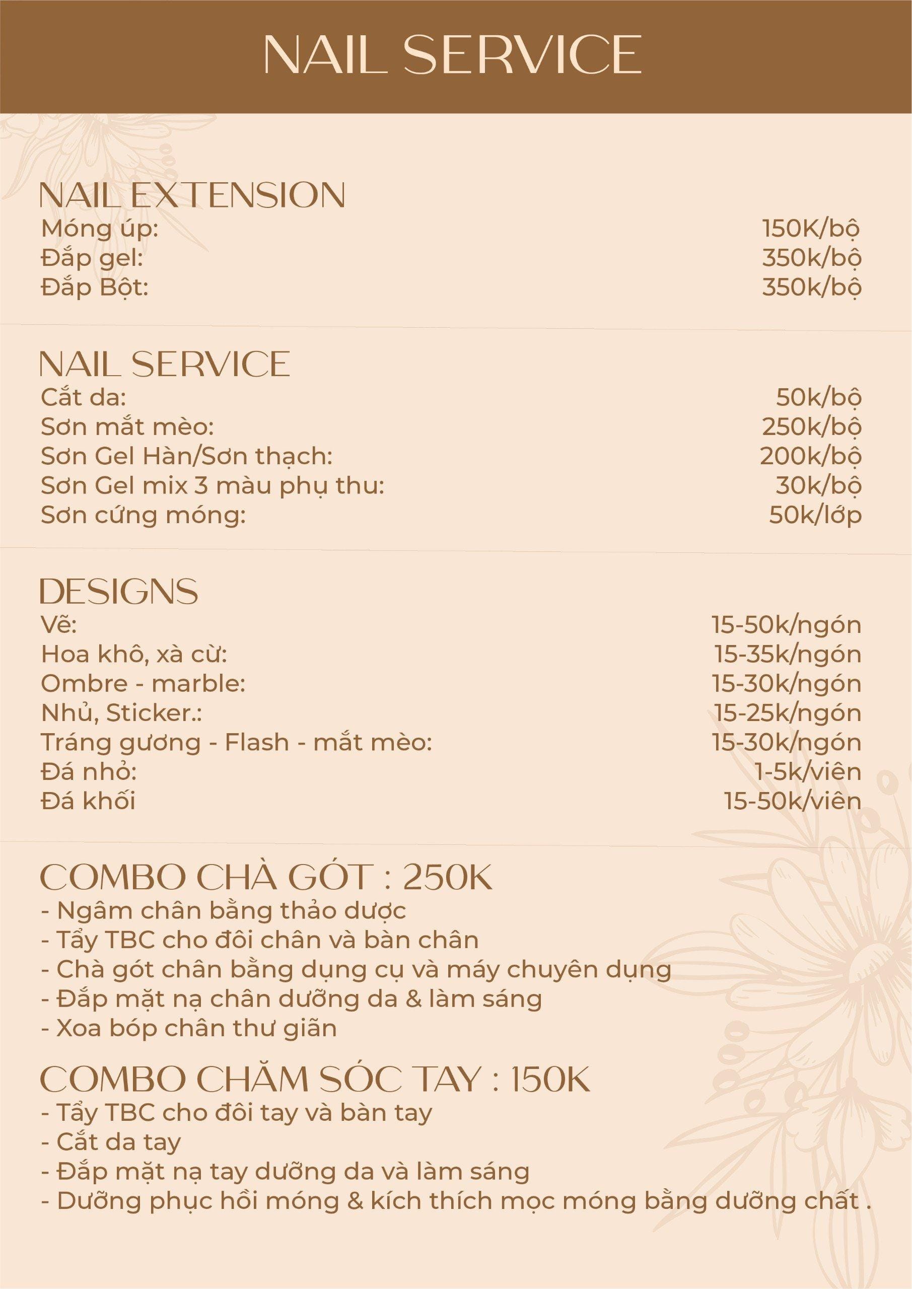 Bảng Giá Dịch Vụ Làm Nail, Gội Đầu, Massage, Triệt Lông Tại Lisa Spa